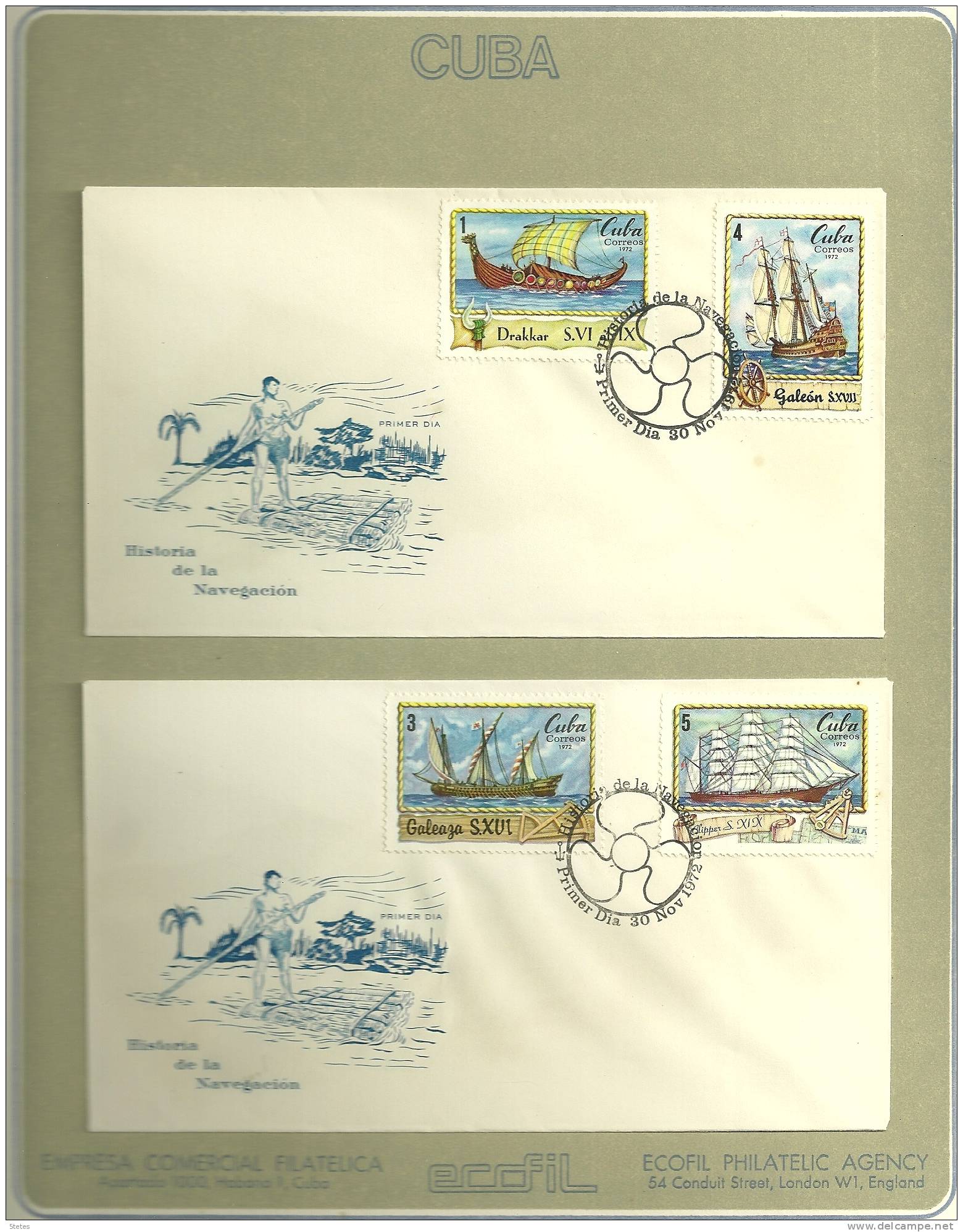 Cuba ,enveloppe Premier Jour N° 1623 à 1629 "Histoire De La Navigation" - FDC