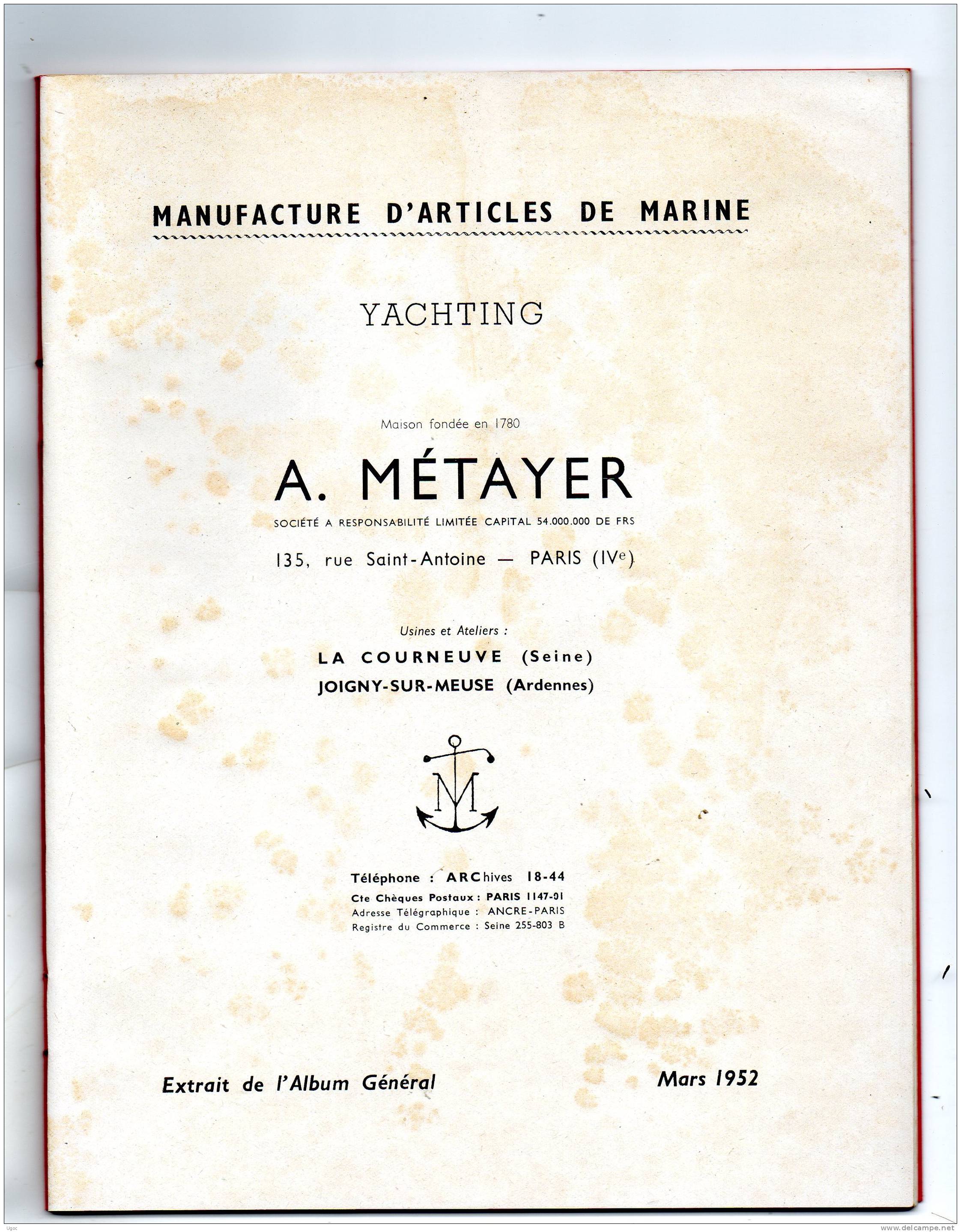 MANUFACTURE D´ARTICLES DE MARINE - A. METAYER - Nomenclature De 44 Pages - Mars 1952 - Material Und Zubehör