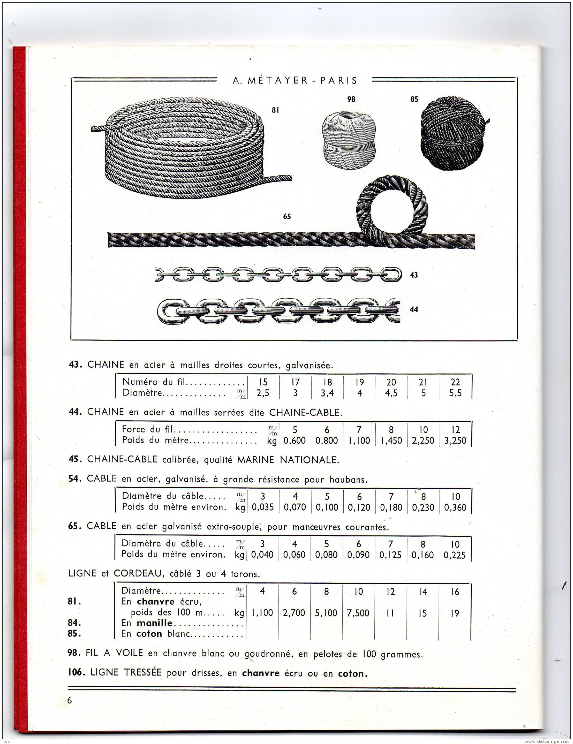 MANUFACTURE D´ARTICLES DE MARINE - A. METAYER - Nomenclature De 44 Pages - Mars 1952 - Supplies And Equipment