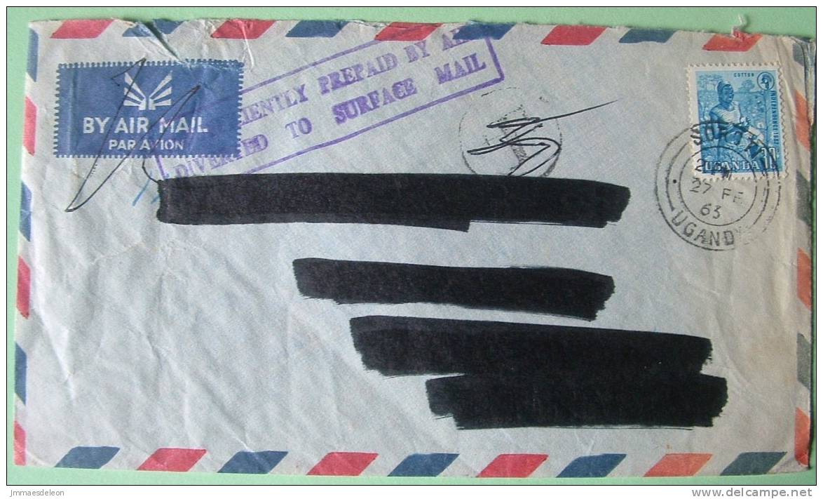 Uganda 1963 Cover With Insufficent Pre Paid - Adress Hidden With Black Ink - T Cancel - Cotton Growing - Uganda (1962-...)