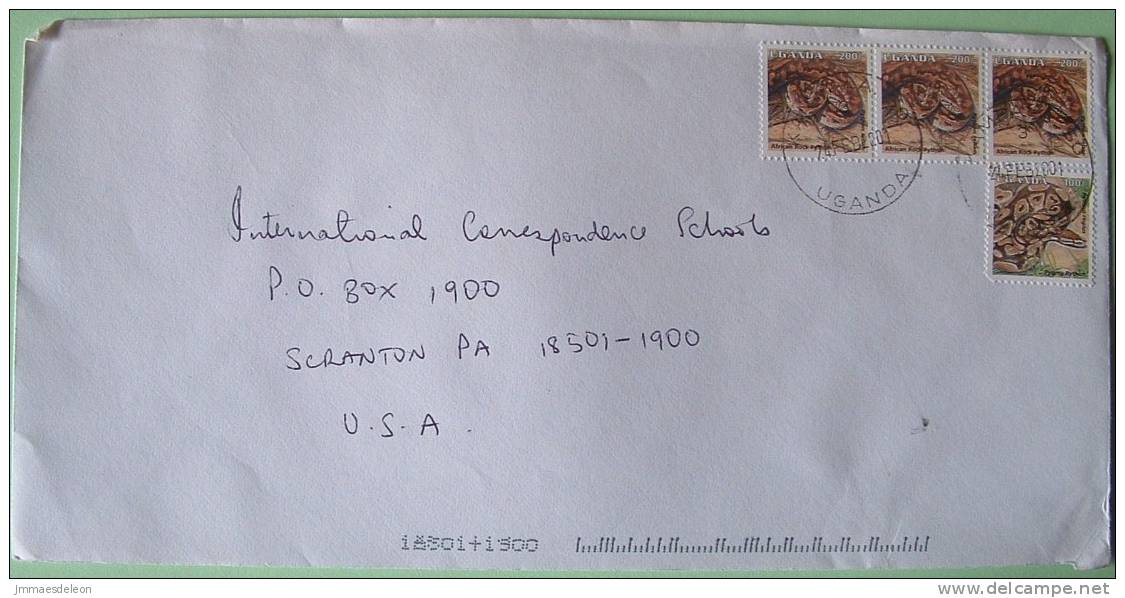 Uganda 2001 Cover To Scranton USA - Animals Snake Python - Uganda (1962-...)