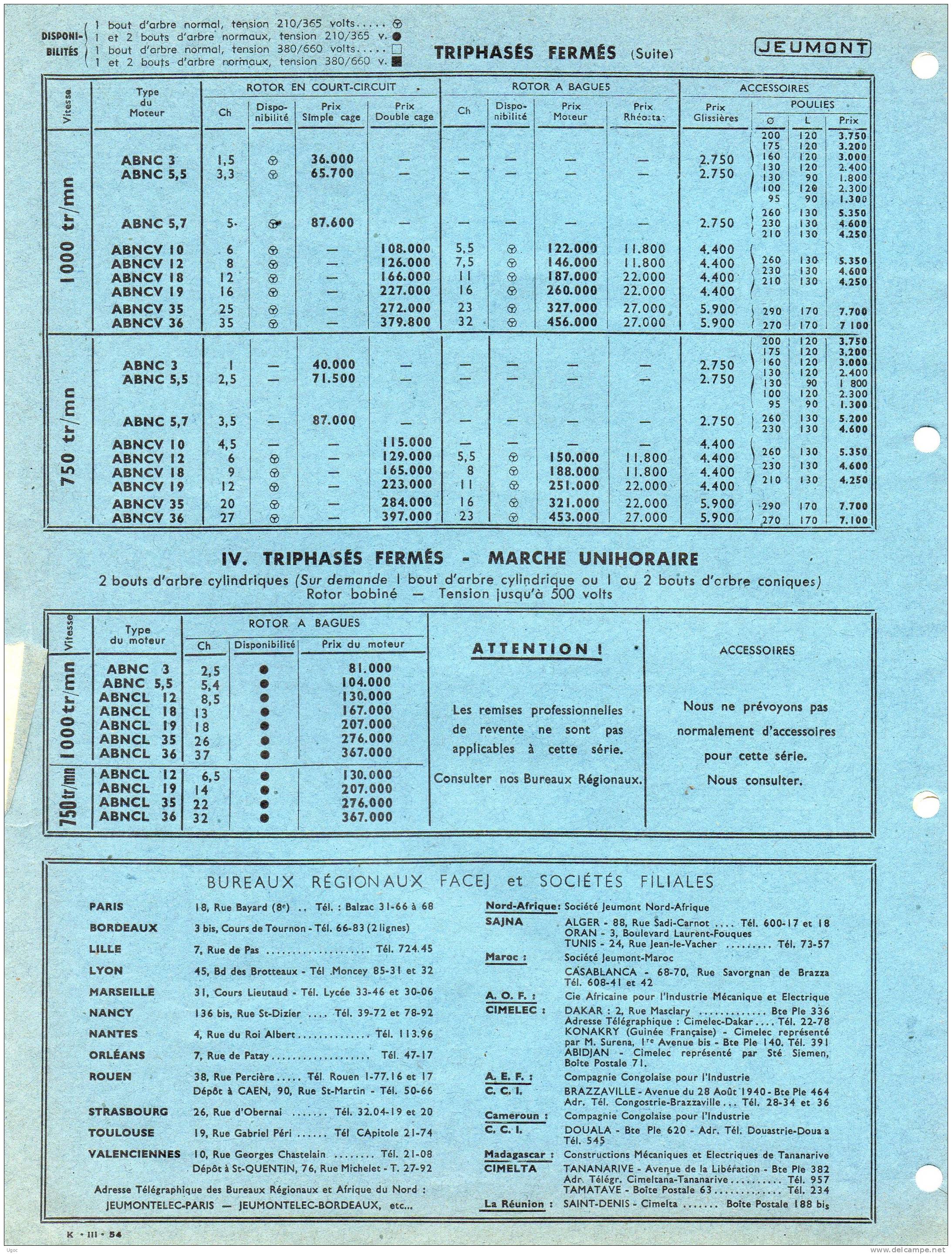 59 - JEUMONT - Forges Et Ateliers De Constructions électriques - Tarifs En 3 Feuillets Mars 1954 - Materiaal En Toebehoren