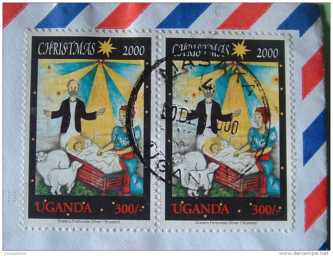 Uganda 2000 Cover To Derby England UK - Christmas Nativity Lamb - Children Artwork - Ouganda (1962-...)