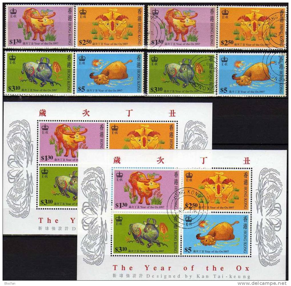 Set Of Chinese New Years 1997 Hongkong 785/8, Block 45 ** Plus O 18€ Year Of The Ox Embroidery Bloc Sheet Of HONG KONG - Sammlungen (im Alben)