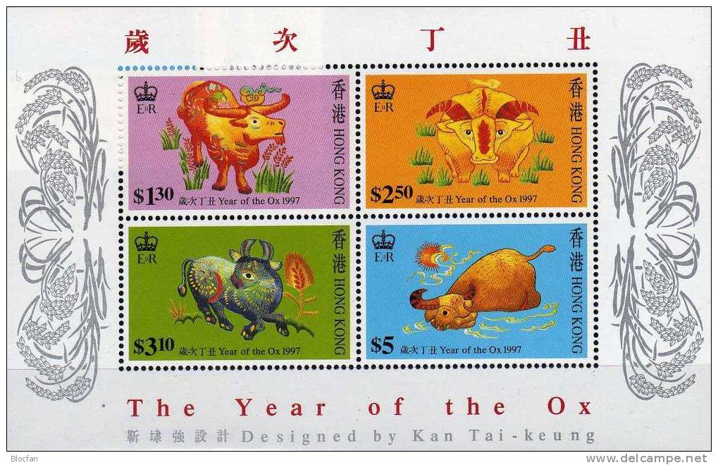 Set Of Chinese New Years 1997 Hongkong 785/8, Block 45 ** Plus O 18€ Year Of The Ox Embroidery Bloc Sheet Of HONG KONG - Collections (en Albums)
