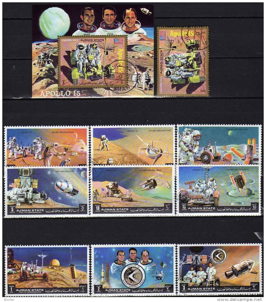 Raumfahrtprogramm Apollo 15 USA 1972 VAE Ajman 1254/2,8xER,BM+Block 319 O 8€ Astronaut Mondauto Ms Space Sheet Bf Arabia - Colecciones