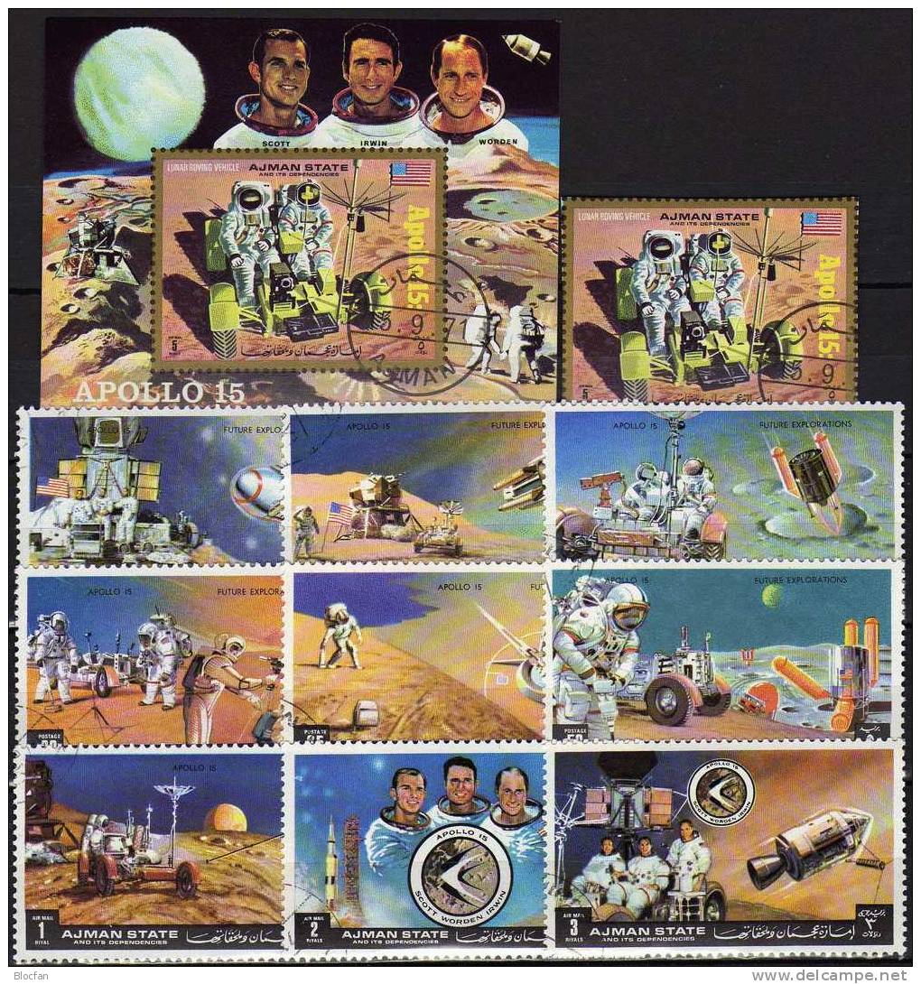 Raumfahrtprogramm Apollo 15 USA 1972 VAE Ajman 1254/2,8xER,BM+Block 319 O 8€ Astronaut Mondauto Ms Space Sheet Bf Arabia - Colecciones