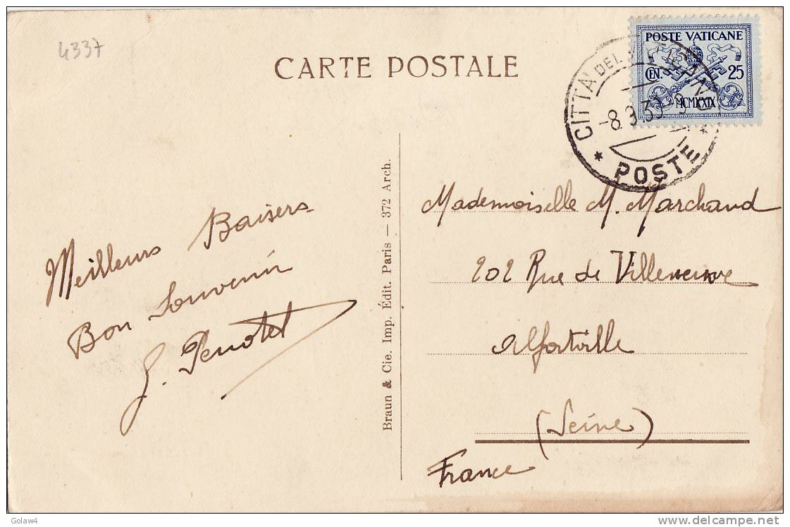 4337# VATICAN Y&T N° 29 / CARTE POSTALE Obl CITTA DES VATICANO 8 Septembre 1939 Pour ALFORTVILLE SEINE - Cartas & Documentos