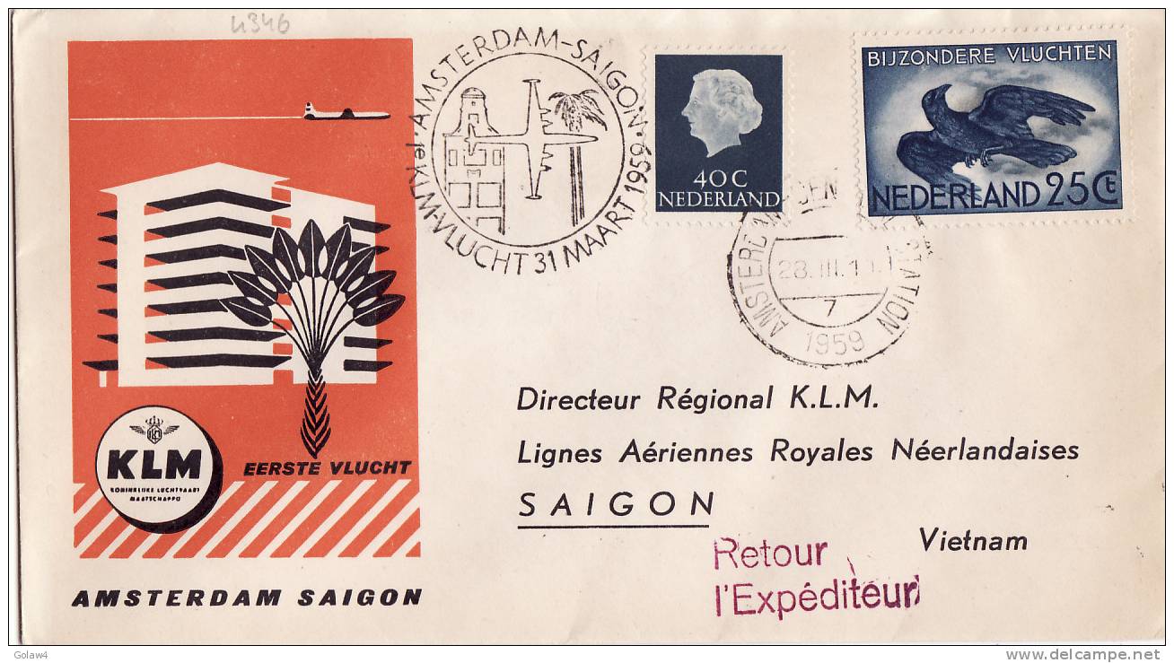 4346# PAYS BAS LETTRE Obl AMSTERDAM CENTRAL STATION + AMSTERDAM SAIGON 1° KLM VLUCHT 31 MAART 1959 VIETNAM NEDERLAND - Poste Aérienne