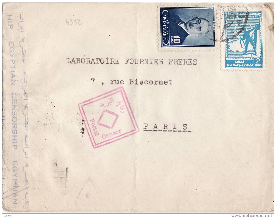 4352# TURQUIE LETTRE CENSURE EGYTIENNE EGYPTIAN CENSORSHIP POSTAL CENSOR Pour PARIS TÜRKIYE - Covers & Documents