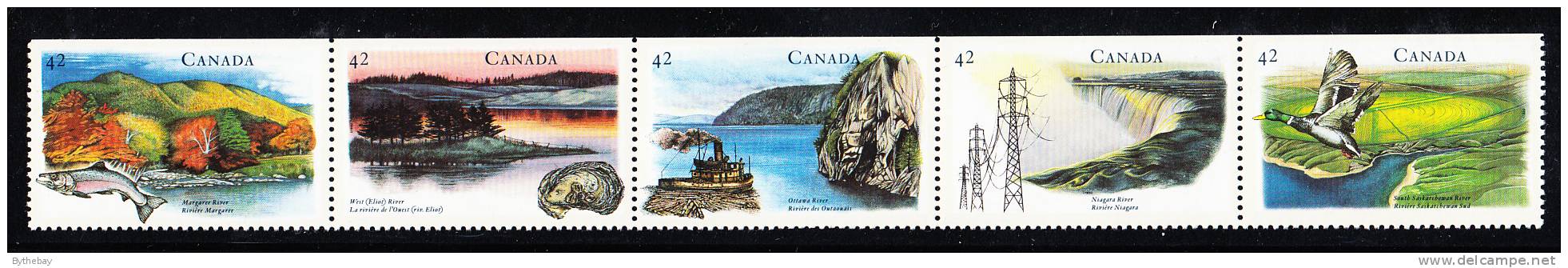 Canada Scott #1412ai MNH Strip Of 5 Straight Edge At Top Never Folded 42c Heritage Rivers - Nuevos