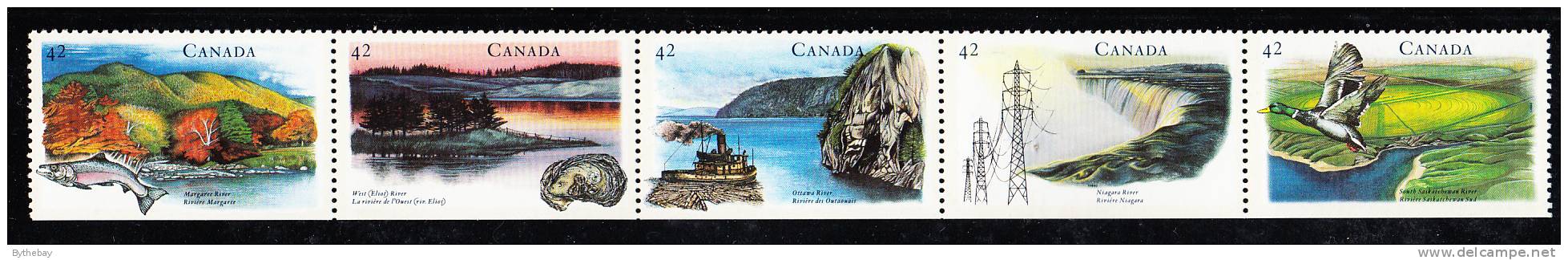 Canada Scott #1412ai MNH Strip Of 5 Straight Edge At Bottom Never Folded 42c Heritage Rivers - Unused Stamps