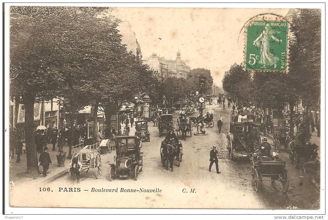 75 -   PARIS  2e -  Boulevard Bonne-Nouvelle - Voitures Cheval Et Automobiles- Charrette à Bras- Bus Cheval à Impériale - Transport Urbain En Surface