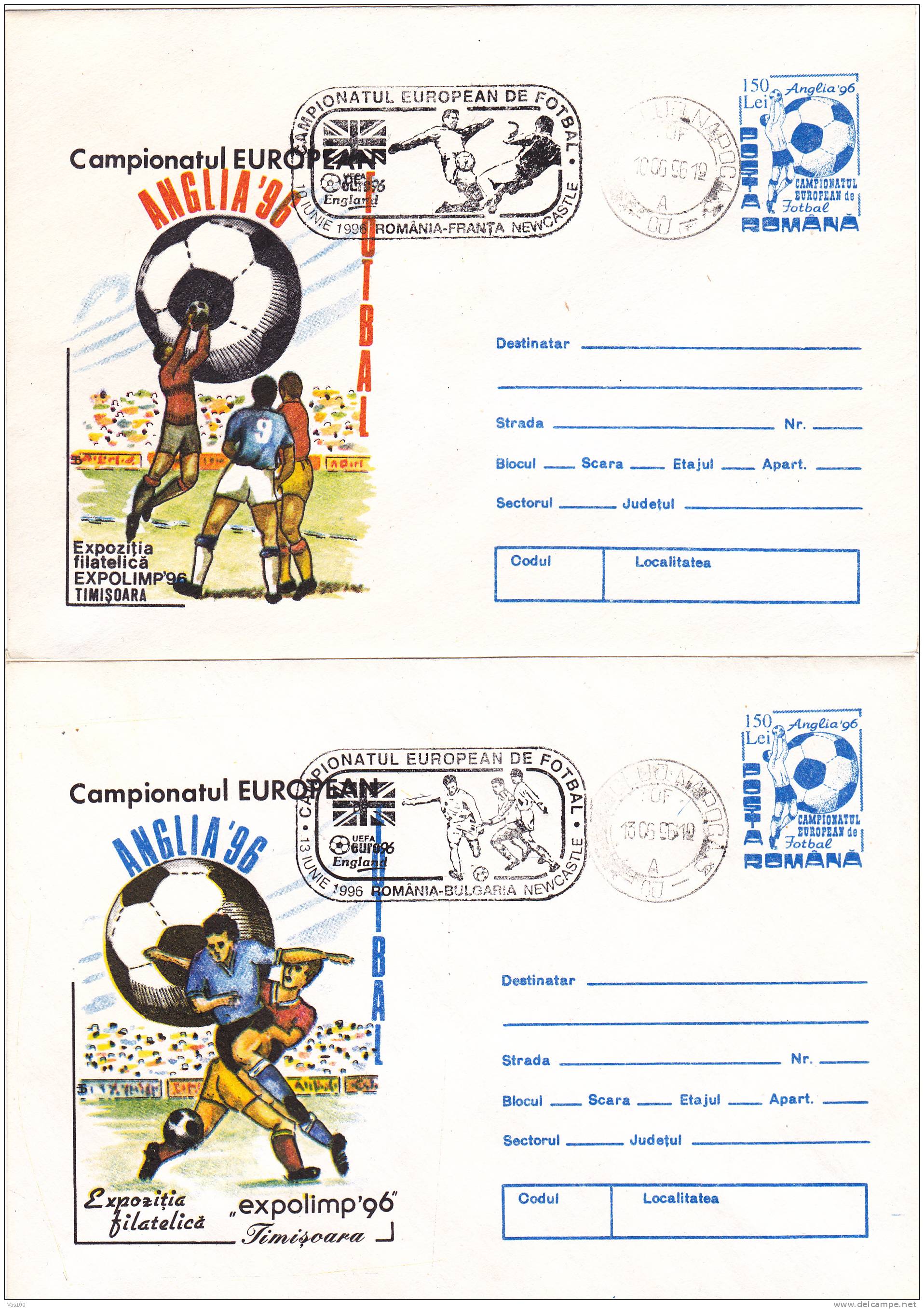 European Cup Anglia,Football,soccer,19 96 Stationery Covers 2x Rare PMK  Romania. - UEFA European Championship