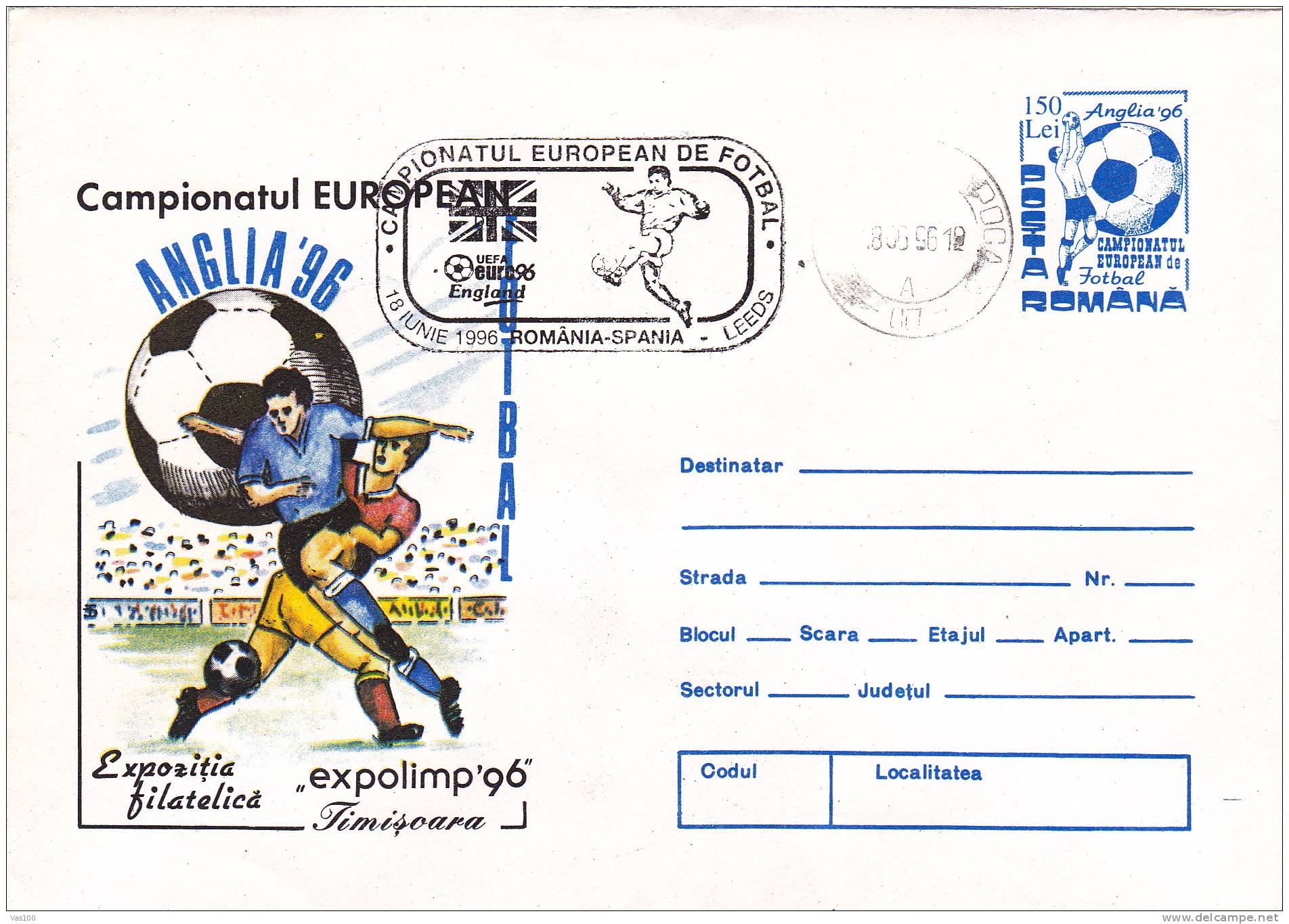 European Cup Anglia,Football,soccer,1996 Stationery Covers Match;Romania-Spain Leeds Anglia. - Europei Di Calcio (UEFA)