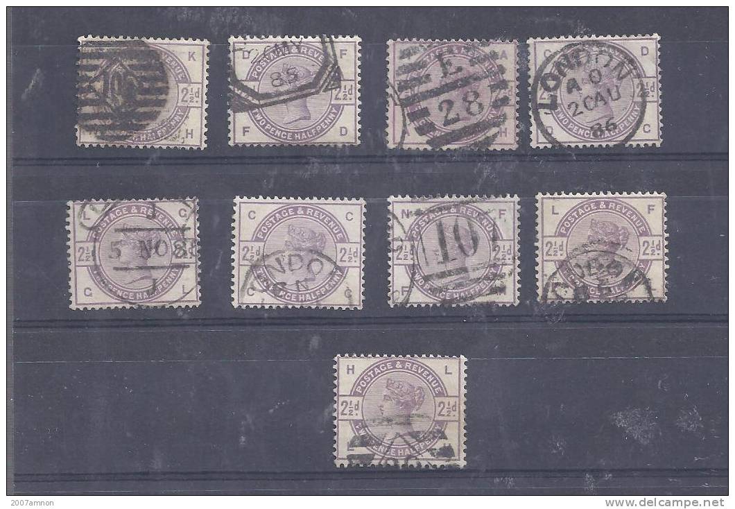 UK GREAT BRITAIN 1883-4 QV 2.5 D 9 DIFF STAMPS WITH DIFF LETTERS USED - Usados