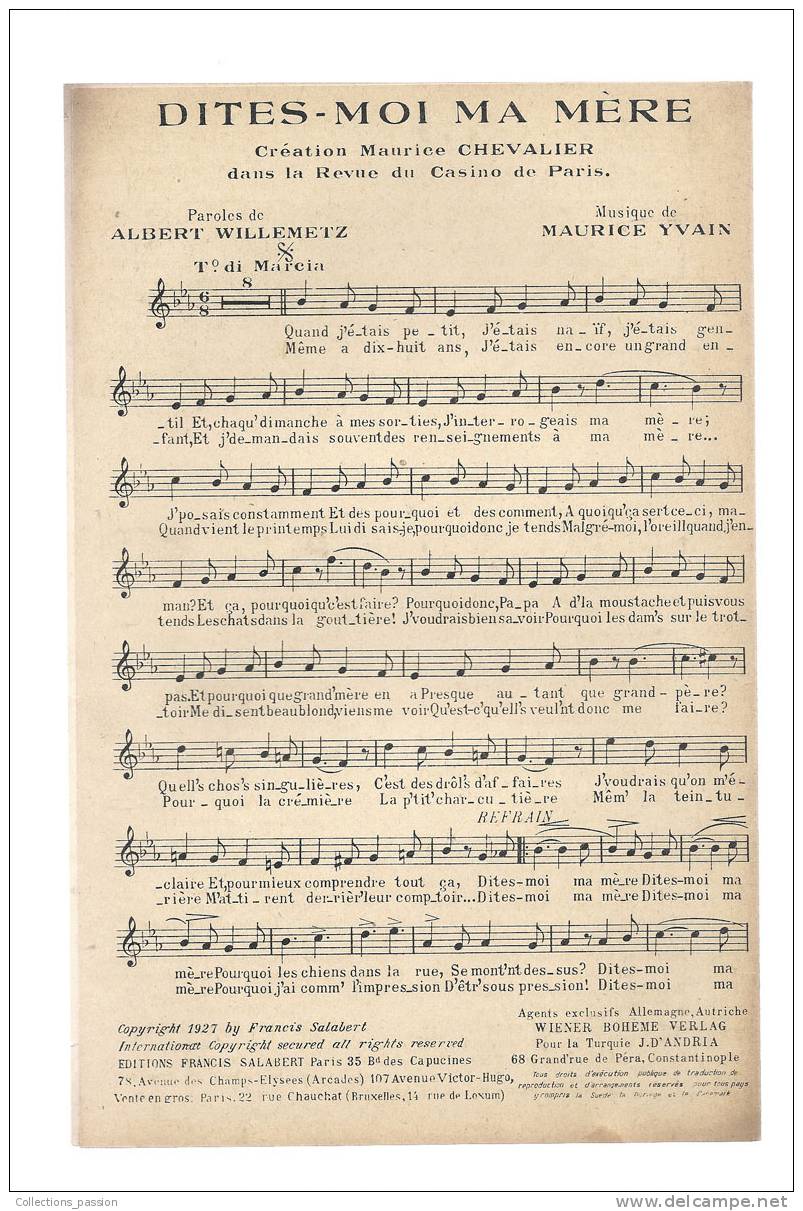 Partitions Musicales, Dites-moi Ma Mère, Création De Maurice Chevalier Dans La Revue Du Casino De Paris - Spartiti