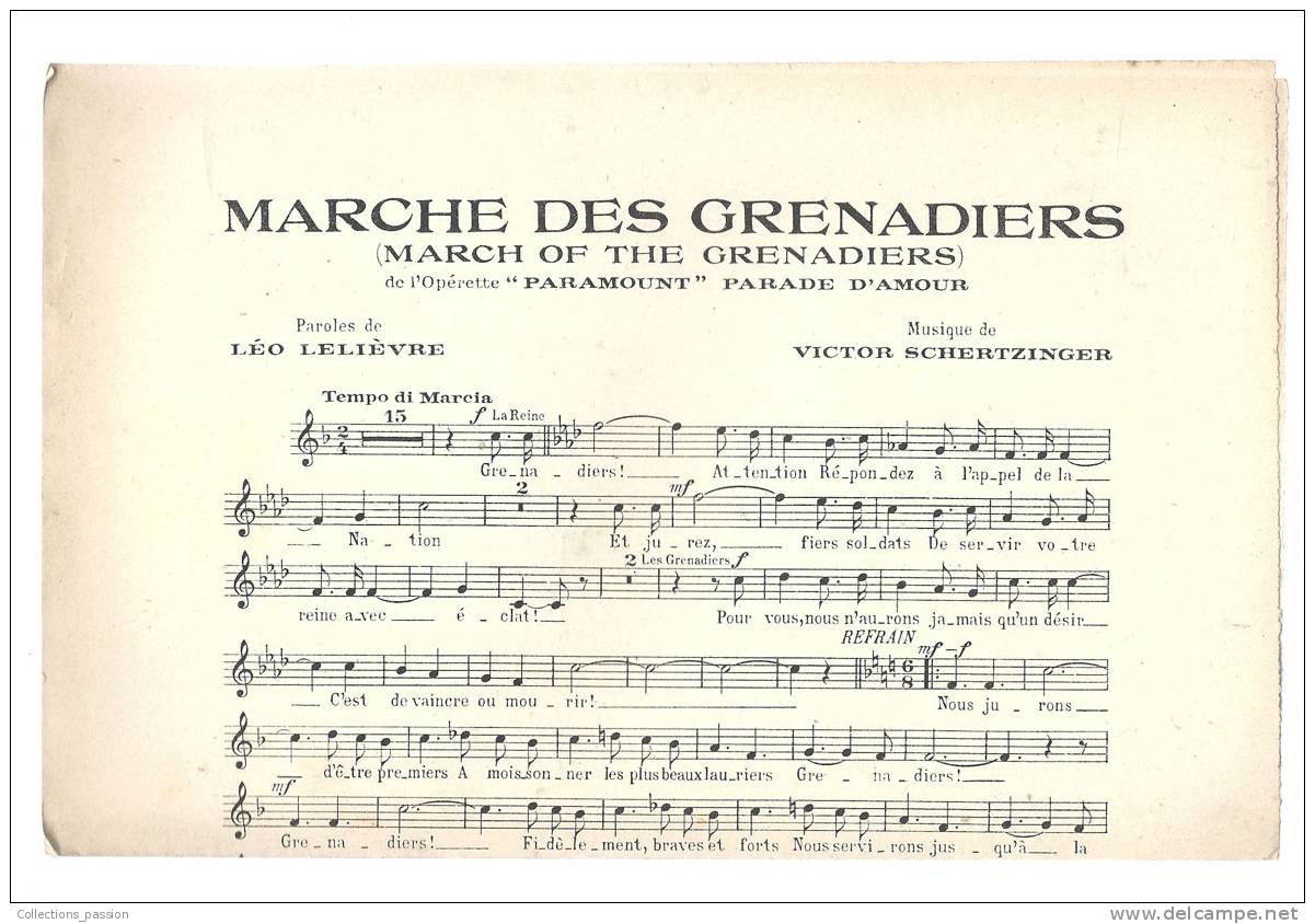 Partitions Musicales, "Marche Des Grenadiers", De L'Opérette "Parade D'Amour" - Spartiti