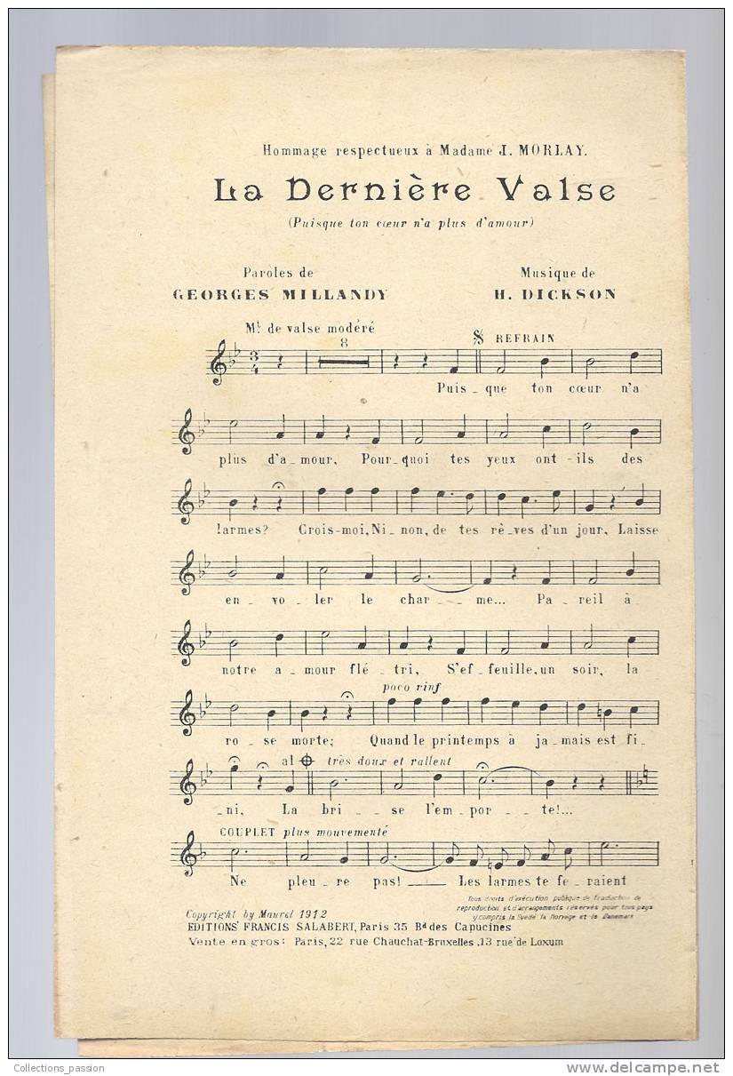 Partitions Musicales, "La Dernière Valse, Paroles De Georges Millandry, Musique De H. Dickson - Spartiti