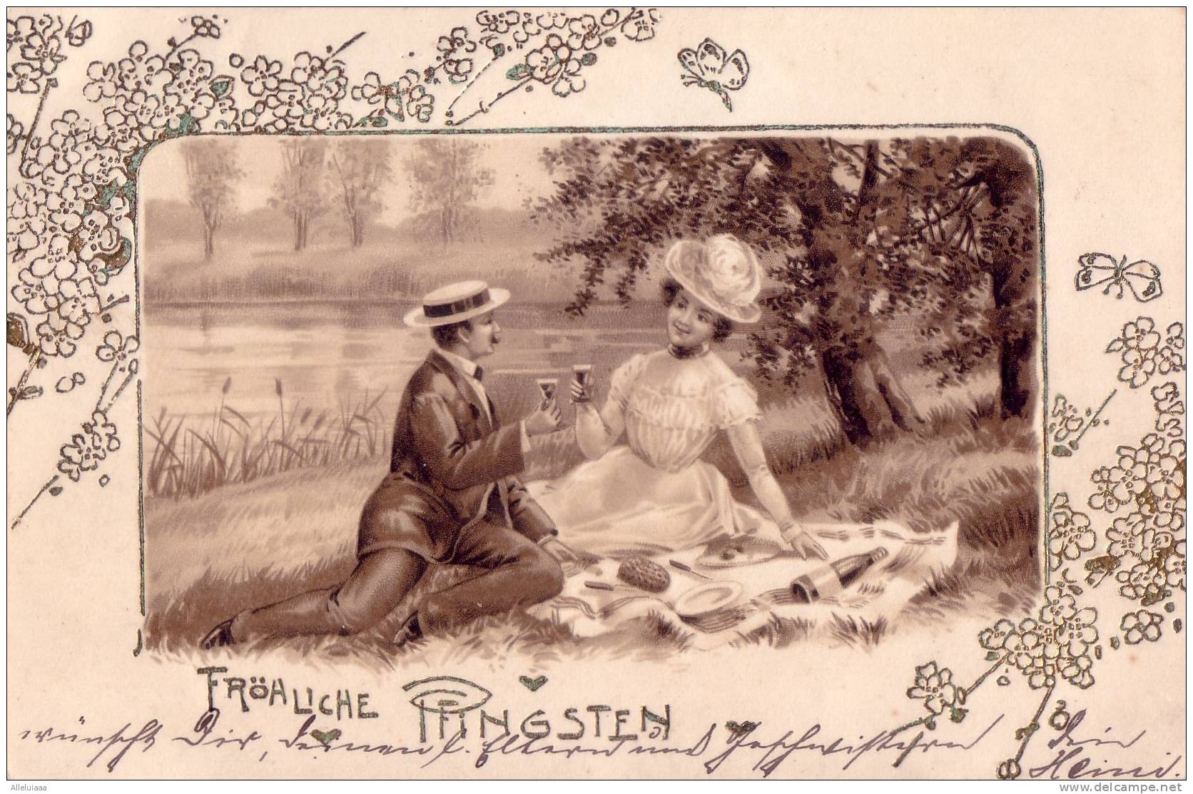 CPA BELLE FANTAISIE FANTAISY ILLUSTRATION PRECURSEUR COUPLE Fröhliche Pfingsten Déjeuner Sur L´herbe 1903 - Pentecost