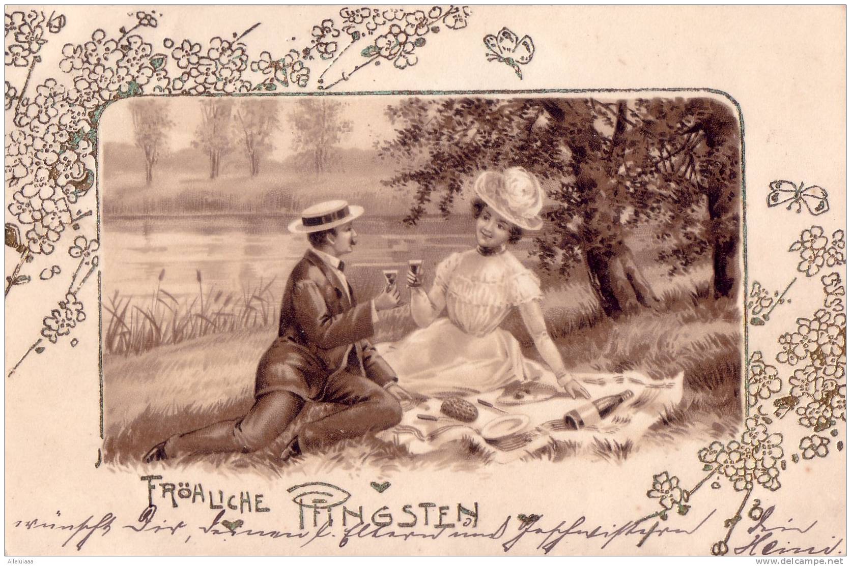 CPA BELLE FANTAISIE FANTAISY ILLUSTRATION PRECURSEUR COUPLE Fröhliche Pfingsten Déjeuner Sur L´herbe 1903 - Pentecôte
