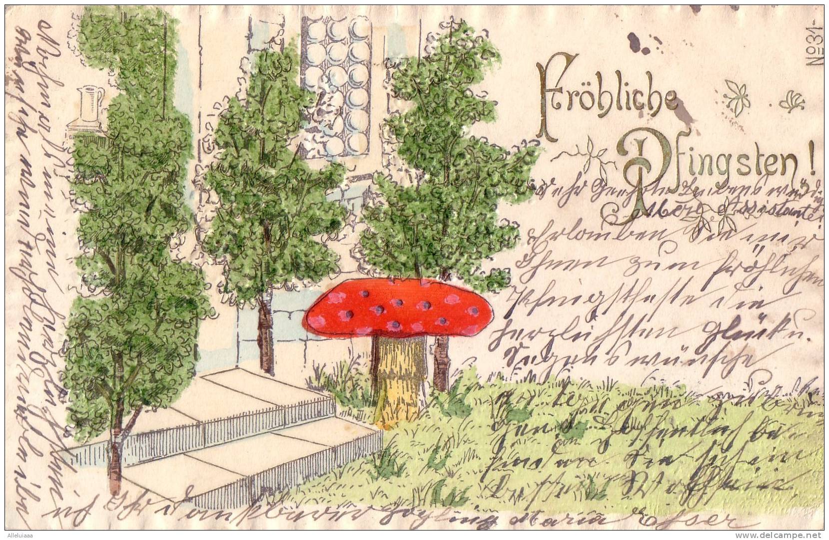CPA BELLE FANTAISIE FANTAISY ILLUSTRATION PRECURSEUR Fröhliche Pfingsten CHAMPIGNON 1902 - Pinksteren