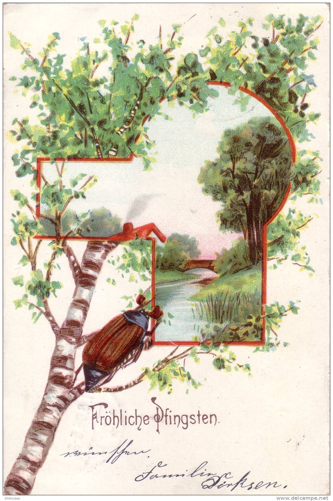 CPA BELLE FANTAISIE FANTAISY ILLUSTRATION Fröhliche Pfingsten Arbre Scarabee - Pentecostés