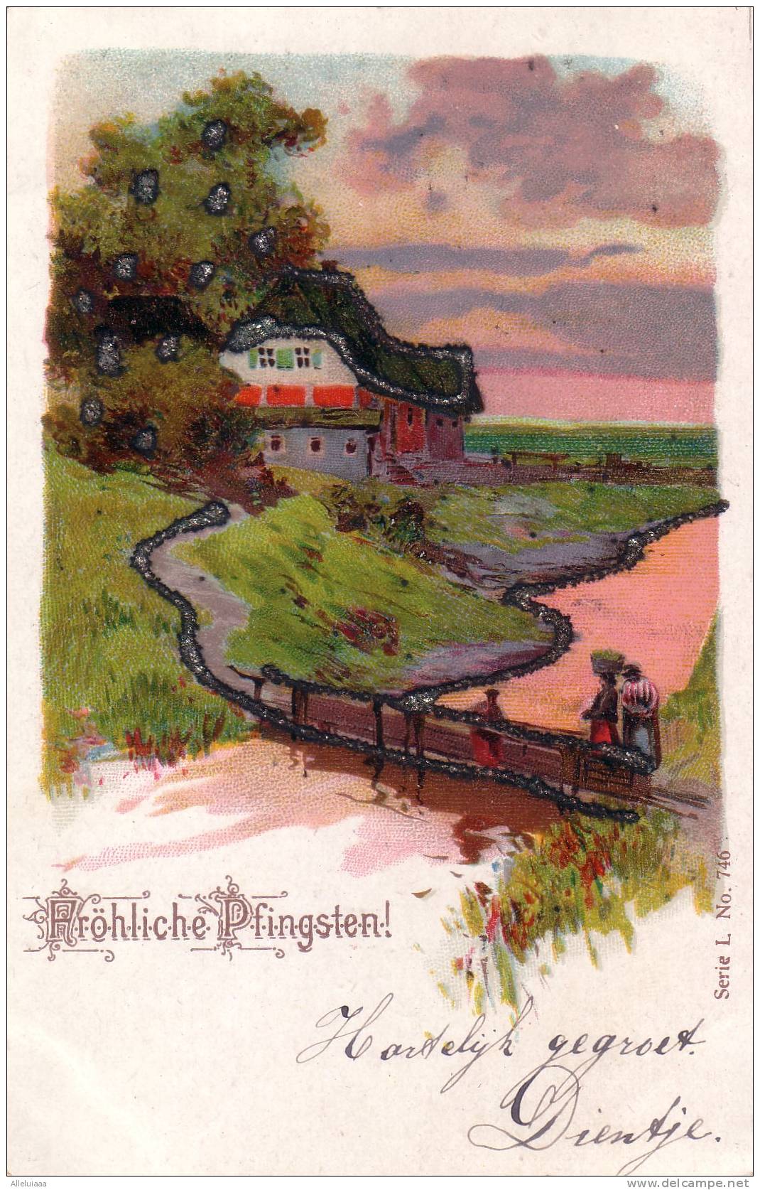 CPA BELLE FANTAISIE FANTAISY ILLUSTRATION PRECURSEUR Vrolijk Pfingsten PAYSAGE Paillette - Pinksteren