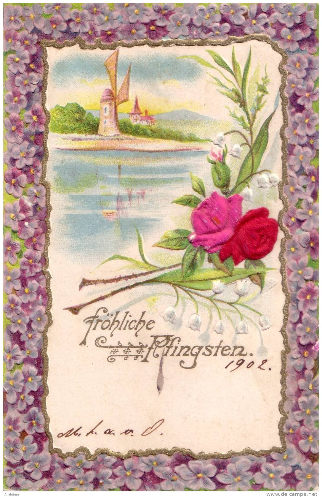 CPA BELLE FANTAISIE FANTAISY GAUFFREE EMBOSEED PRECURSEUR Fröhliche Pfingsten Paysage Moulin  ROSE Silk 1902 - Pinksteren