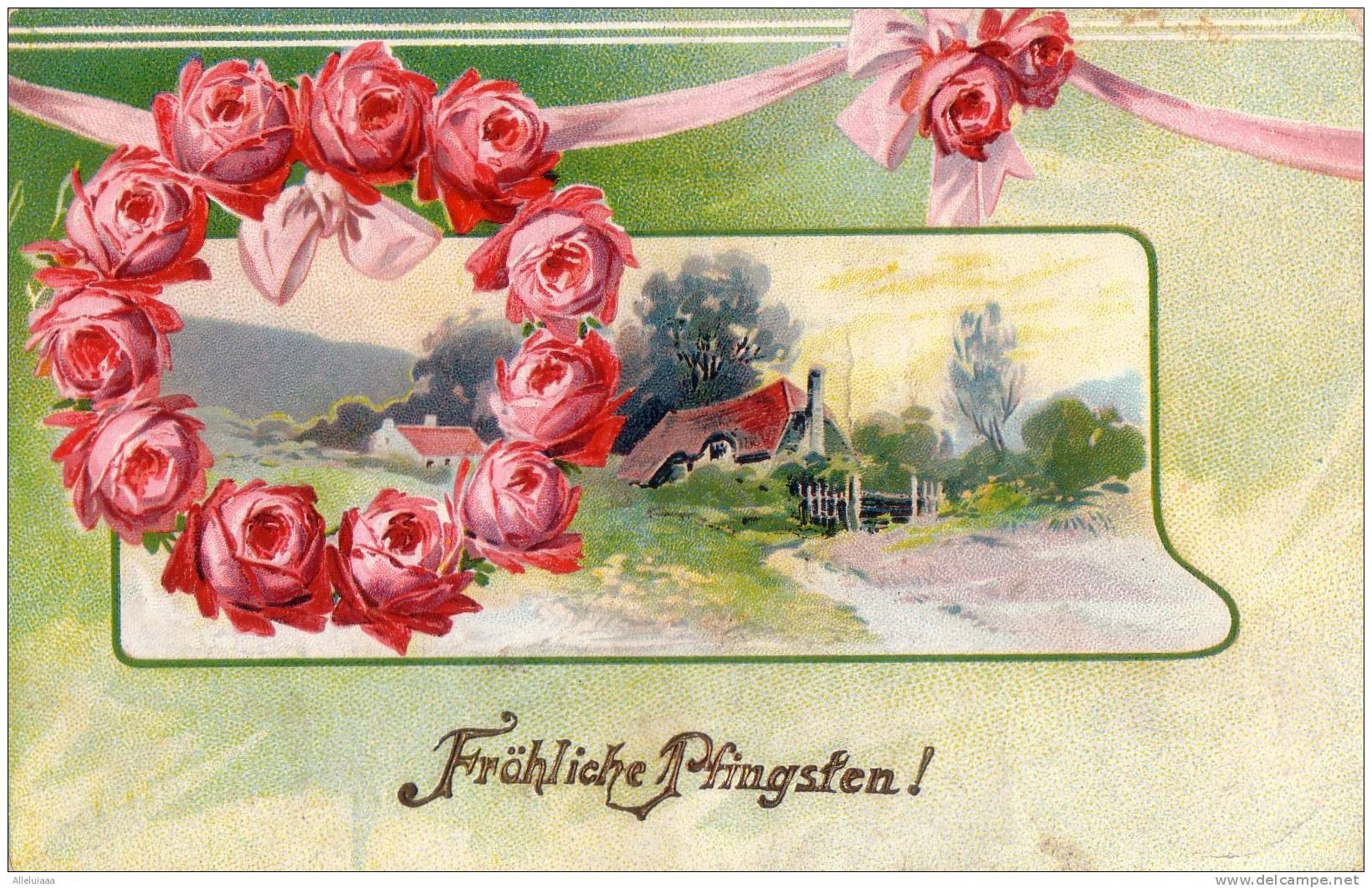 CPA BELLE FANTAISIE FANTAISY ILLUSTRATION Fröhliche Pfingsten ROSE Paysage Guirlande - Pentecôte