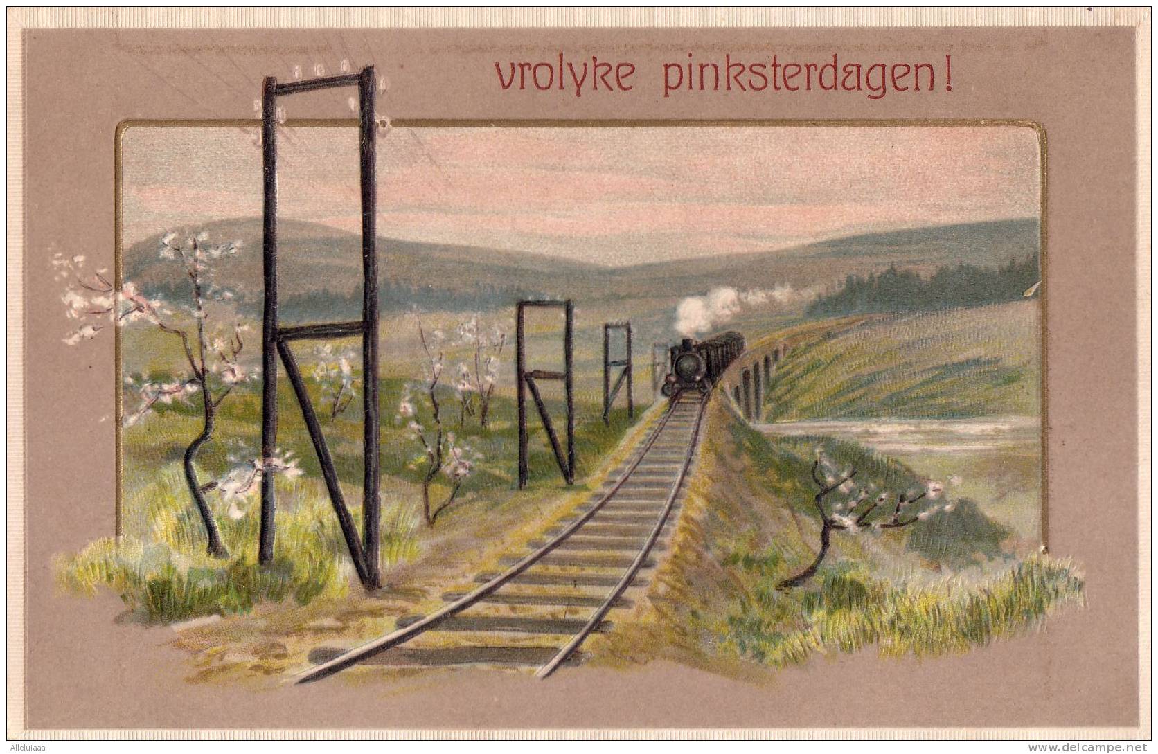 CPA BELLE FANTAISIE FANTAISY GAUFFREE EMBOSEED Vroolijk Pinksterdagen TRAIN Rail TBE - Pentecostés