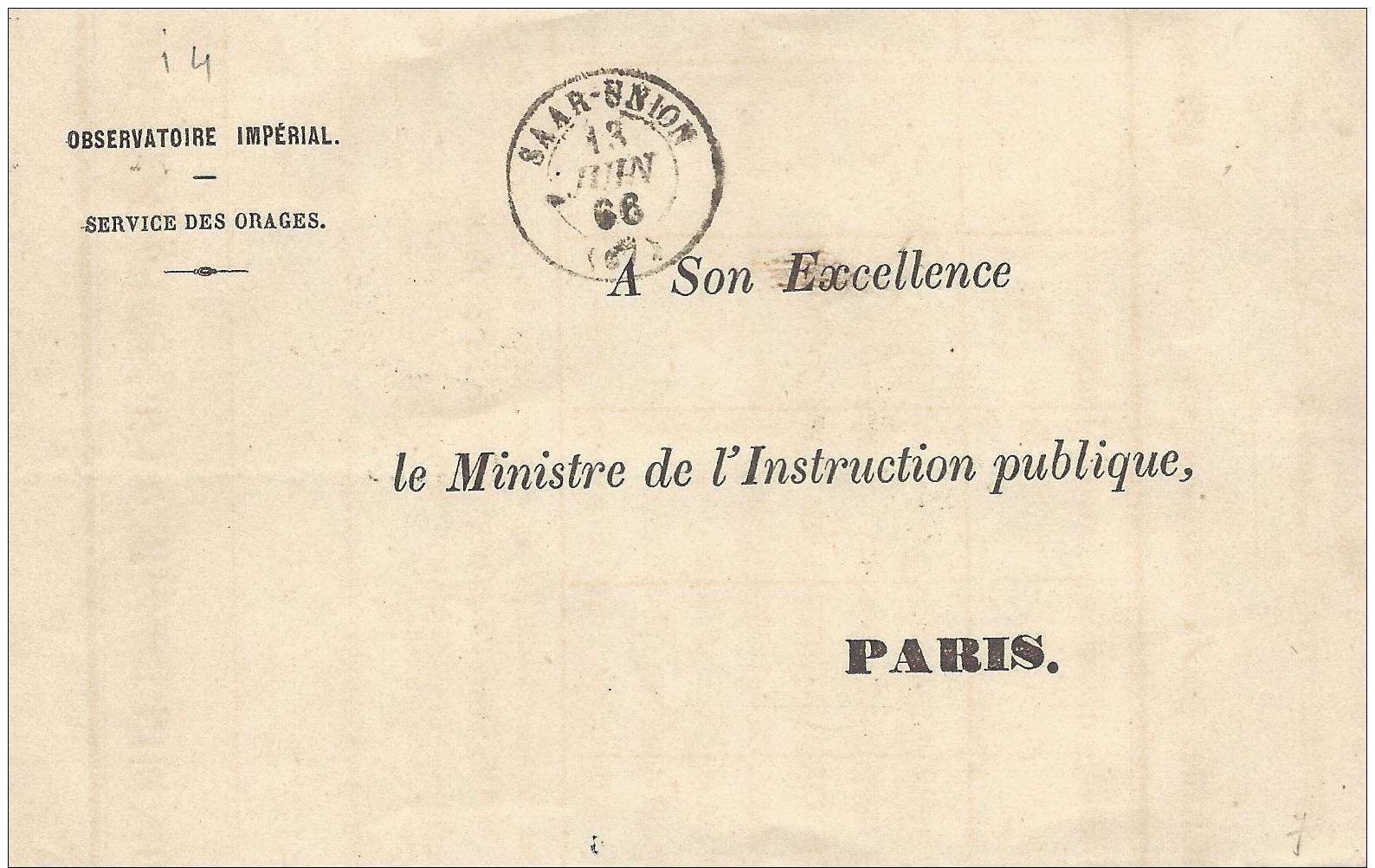 LsC SAAR-UNION  Bas Rhin CaD Type 15 Du 13 Juin 1866 En FRANCHISE Pour Ministre - 1849-1876: Classic Period
