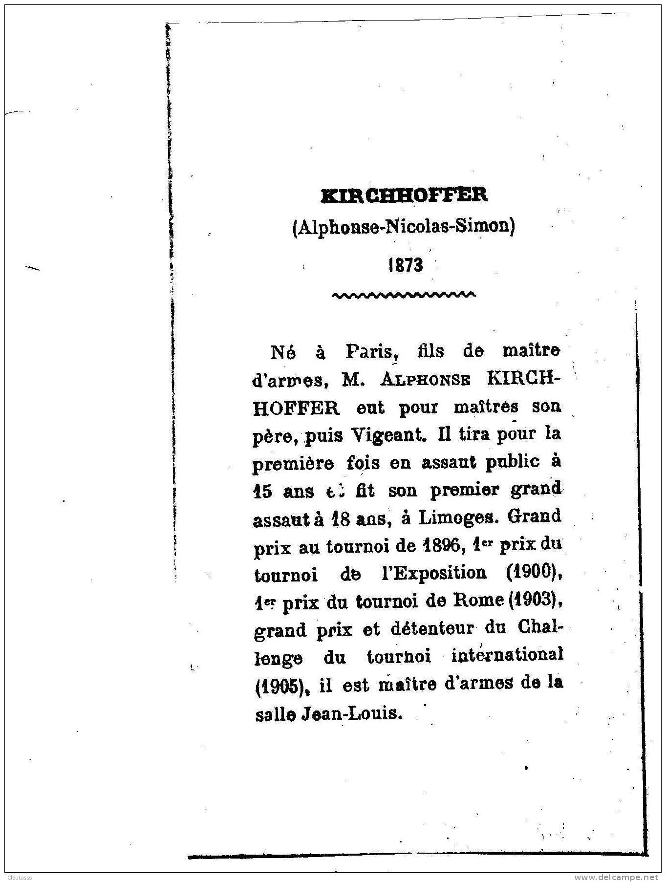 KIRCHHOFFER)  (ESCRIME) PHOTO BROMURE (COLLE  VIISIBLE AU DOS) +  TEXTE EXPLICATIF SUPPORT CARTONNE - Escrime