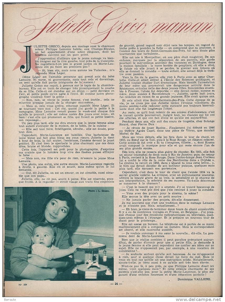 Femmes D´aujourd´hui N° 509 Du 6 /1/1955  Interview De Juliette GRECO Maman. Article Sur Salvator DALI. - Mode