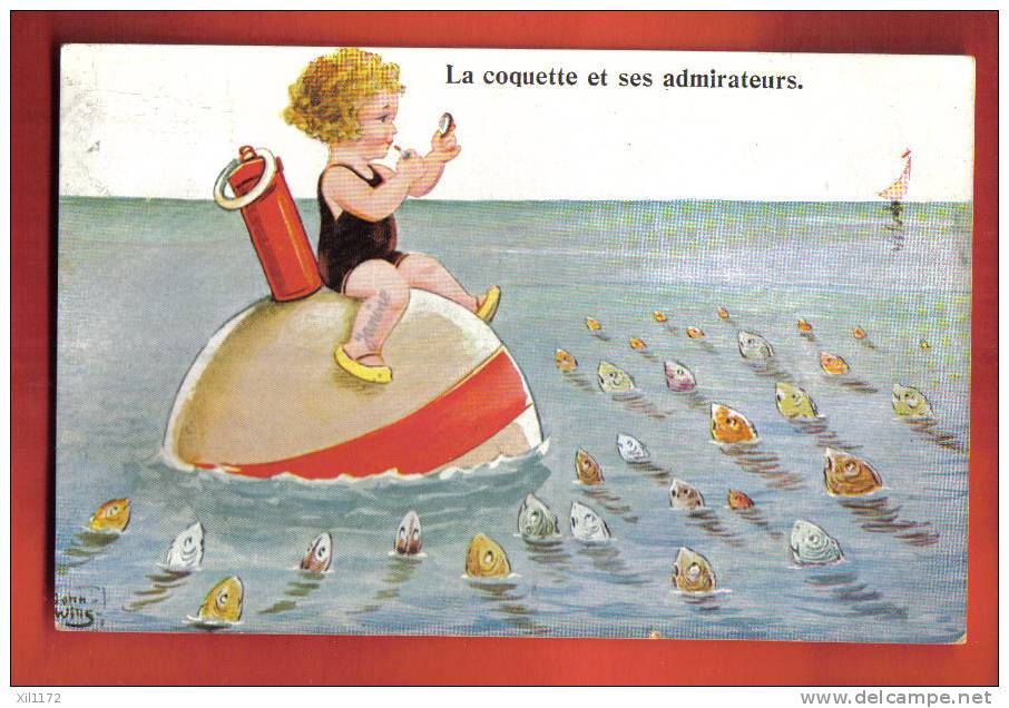 B320 John Wills,La Coquette Et Ses Admirateurs,fillette Sur Bouée Et Poissons.Cachet 1934.WSSB 8958 - Wills, John