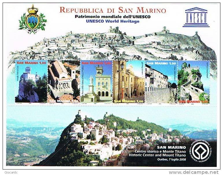 SAN MARINO - UNIF.BF96 FOGLIETTO - 2008  CENTRO STORICO E MONTE TITANO DI SAN MARINO PATRIMONIO UNESCO      - NUOVO ** - Blocks & Kleinbögen