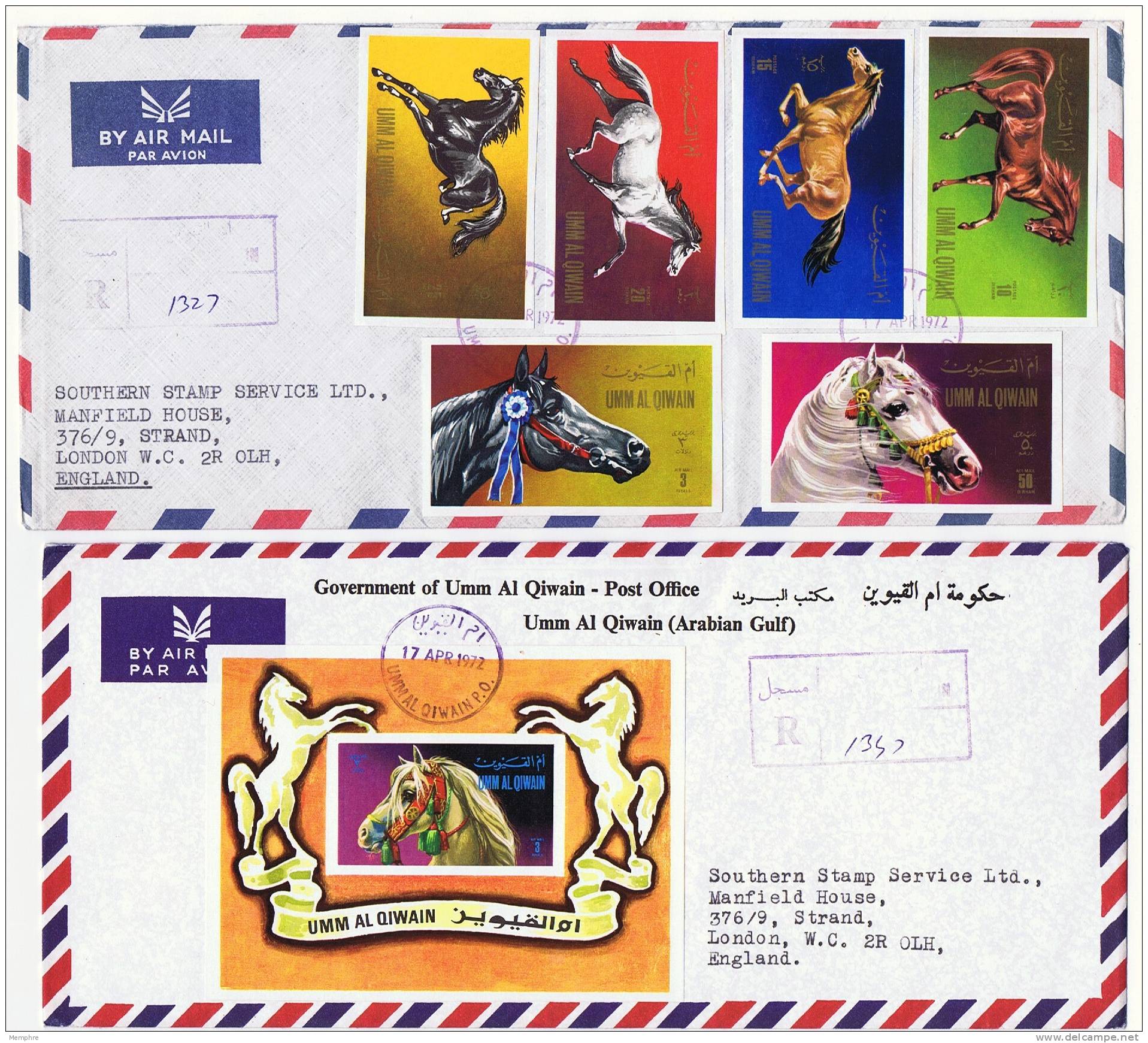 1972  Horses  IMPERF  Stamps And Souvenir Sheet On 2 FDCs - Umm Al-Qiwain