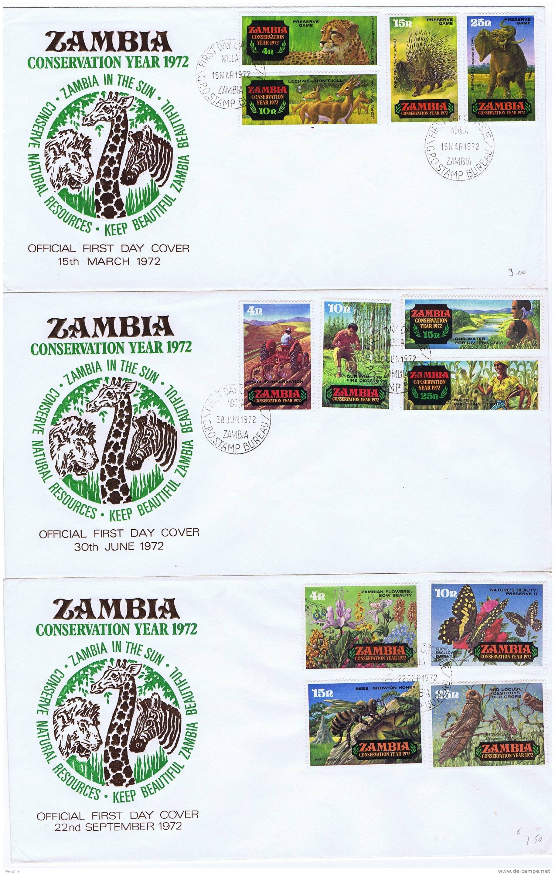 1972  Conservation Year Cheetah, Elephant, Bees  Complete Set On 3 FDC - Zambia (1965-...)