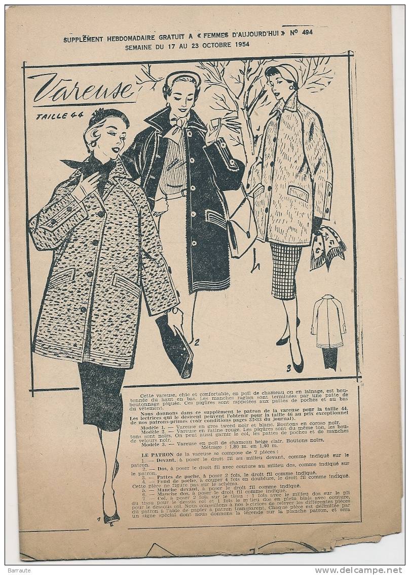 Femmes D´aujourd´hui N° 494 Du 17 /10/1954 Interview De Taymond PELLEGRIN+1 Plan Coté D'un Chien De Bois A Trainer . - Mode