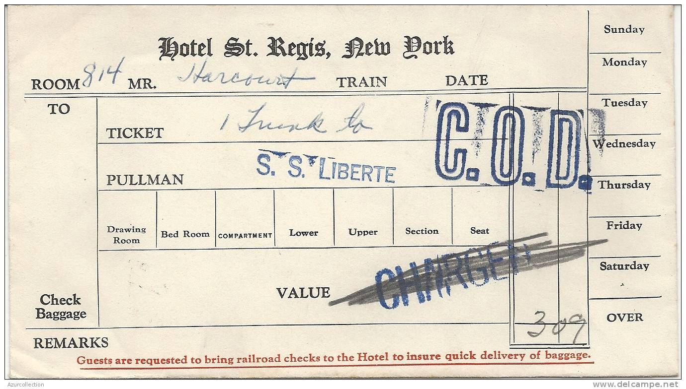 TICKET BAGAGE S.S LIBERTE - Wereld