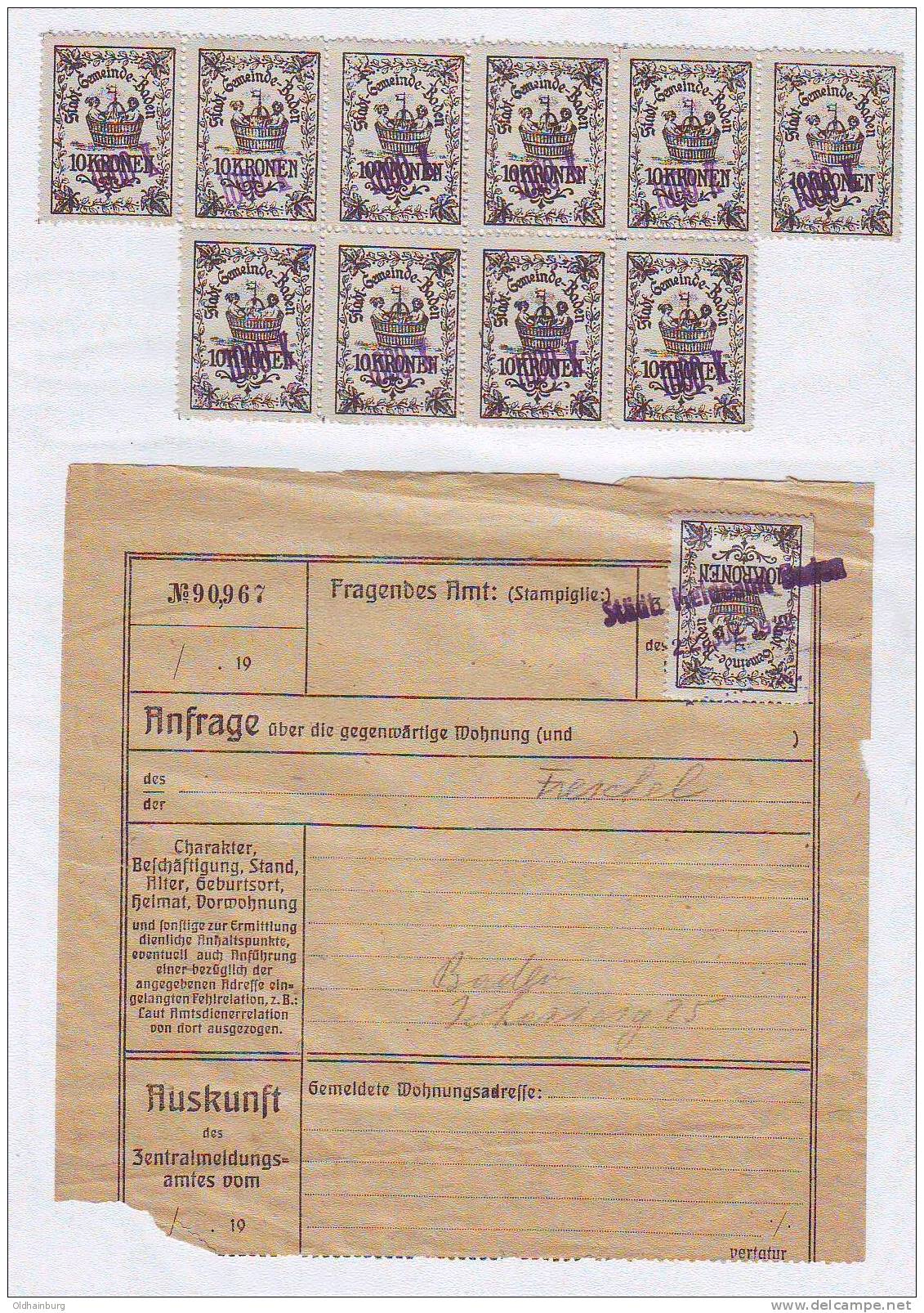 0160aa: Lokalausgabe Fiskalisch 1922, Stadtgemeinde Baden ** Und Beleg - Revenue Stamps