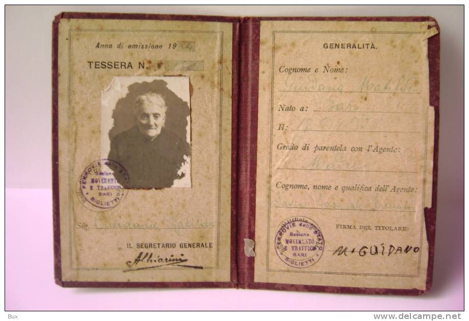 BARI  ANNO 1924  TESSERA FERROVIARIA  DELLO STATO  COME DA FOTO - Europe