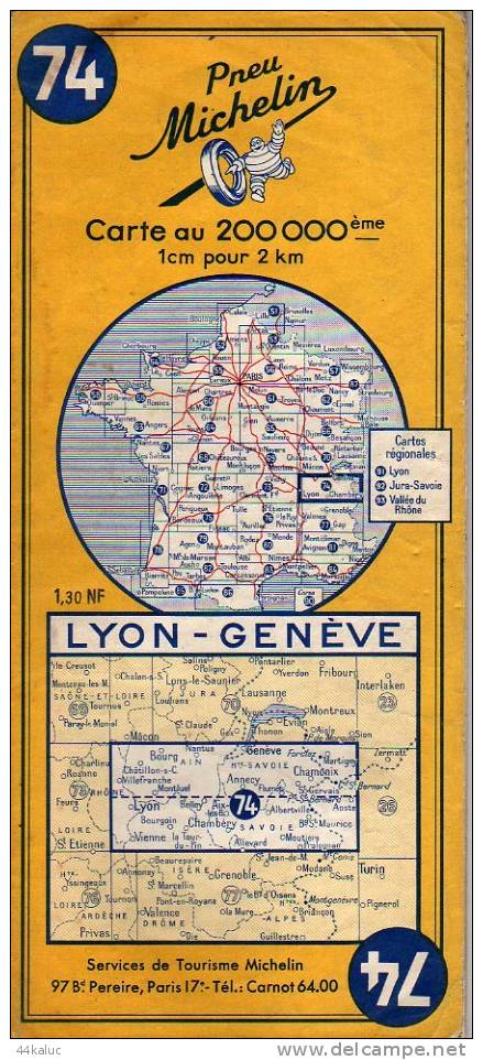 Carte MICHELIN  LYON GENEVE N° 74  Datée 1961 - Cartes Routières