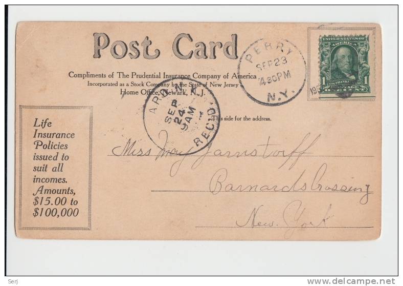 COMPLIMENTS OF THE PRUDENTIAL INSURANCE COMPANY OF AMERICA. LAKE GEORGE. NY NEW YORK 1907. Old PC . USA - Lake George