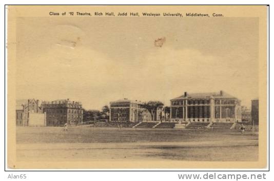 Middletown CT Connecticut, Wesleyan Universtiy Class Of '92 Theatre, Rich Hall, Judd Hall, C1930s Vintage Postcard - Other & Unclassified