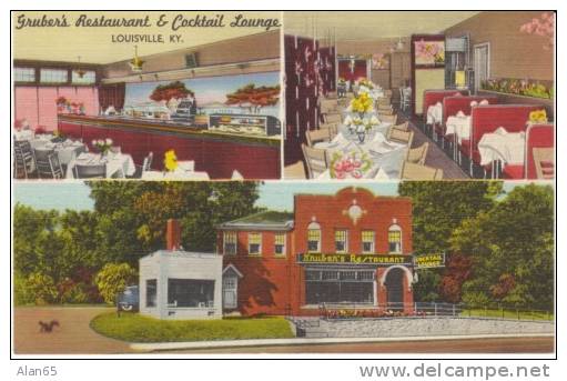 Lexington KY Kentucky, Gruber's Restaurant Cocktail Lounge, Multi-view C1940s Vintage Linen Postcard - Louisville