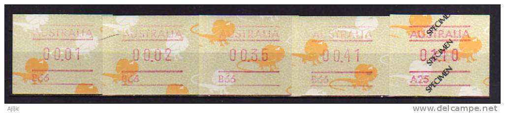 Australie. ATM/ Frama Emis En 1989.  5 T-p Neufs **.   (SANS POST-CODE)  Lezards A Collerettes - Timbres De Distributeurs [ATM]