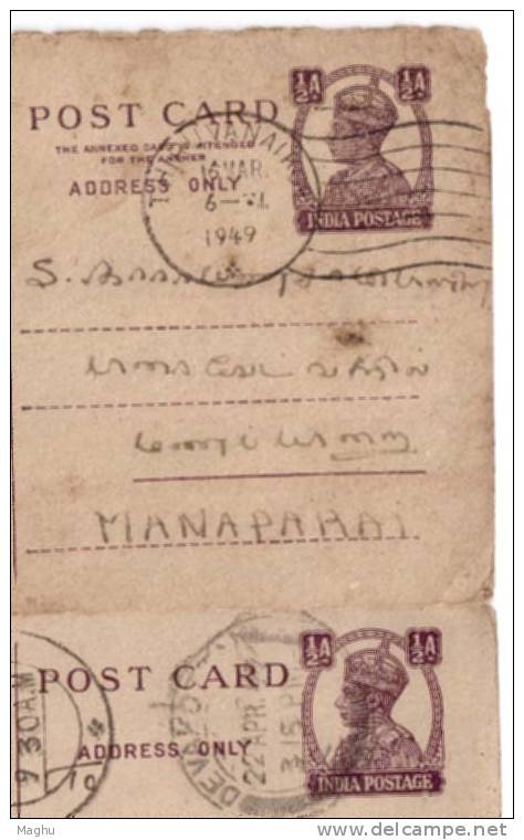 2 Diff., 1/2a  KG VI Postcard. Used Postal Stationery,  India Post Card - 1936-47 Roi Georges VI