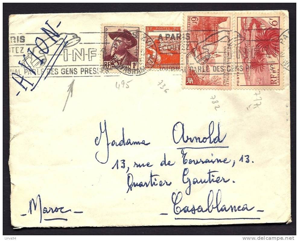 LETTRE  ANCIENNE- FRANCE- TIMBRAGE N° 777 + N° 782 + N° 736 + N° 495- CADE MECANIQUE AVEC FLAMME TELEPHONE- - 1921-1960: Periodo Moderno