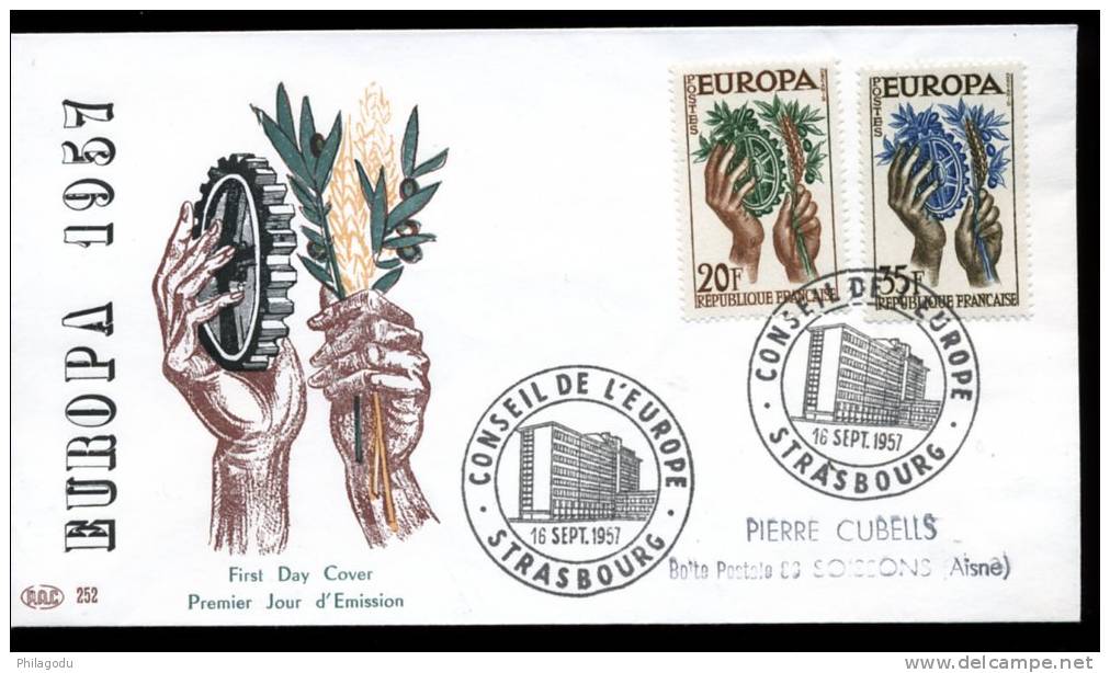 FDC Europa 1957  Ø  Conseil Europe Strasbourg  Cote 22 E  MAINS  HANDS - 1950-1959